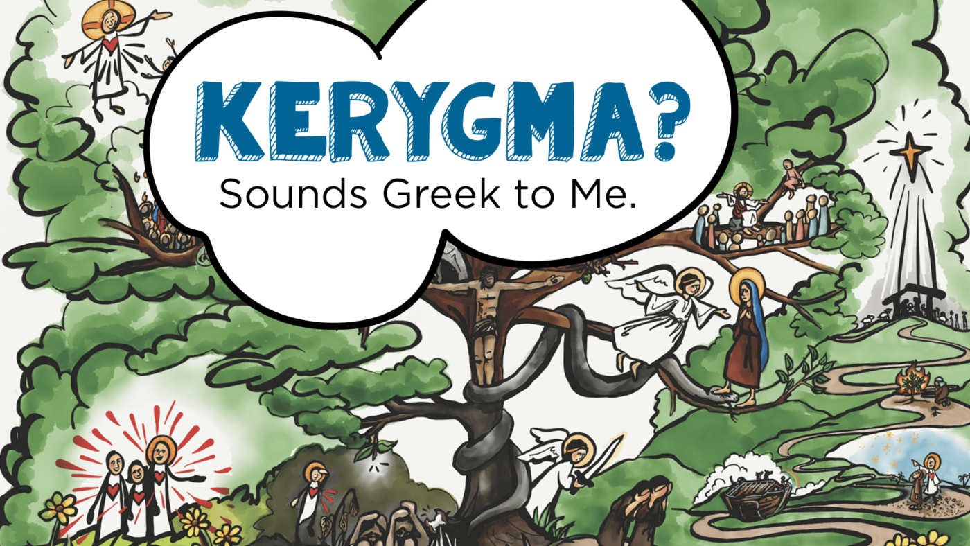 sounds-greek-to-me-thumbnail The words Kerygma? Sounds greek to me. inside a cloud covering a painted image depicting various stories of the bible that make up the story of salvation in the Christian church spread throughout the branches of a big tree.