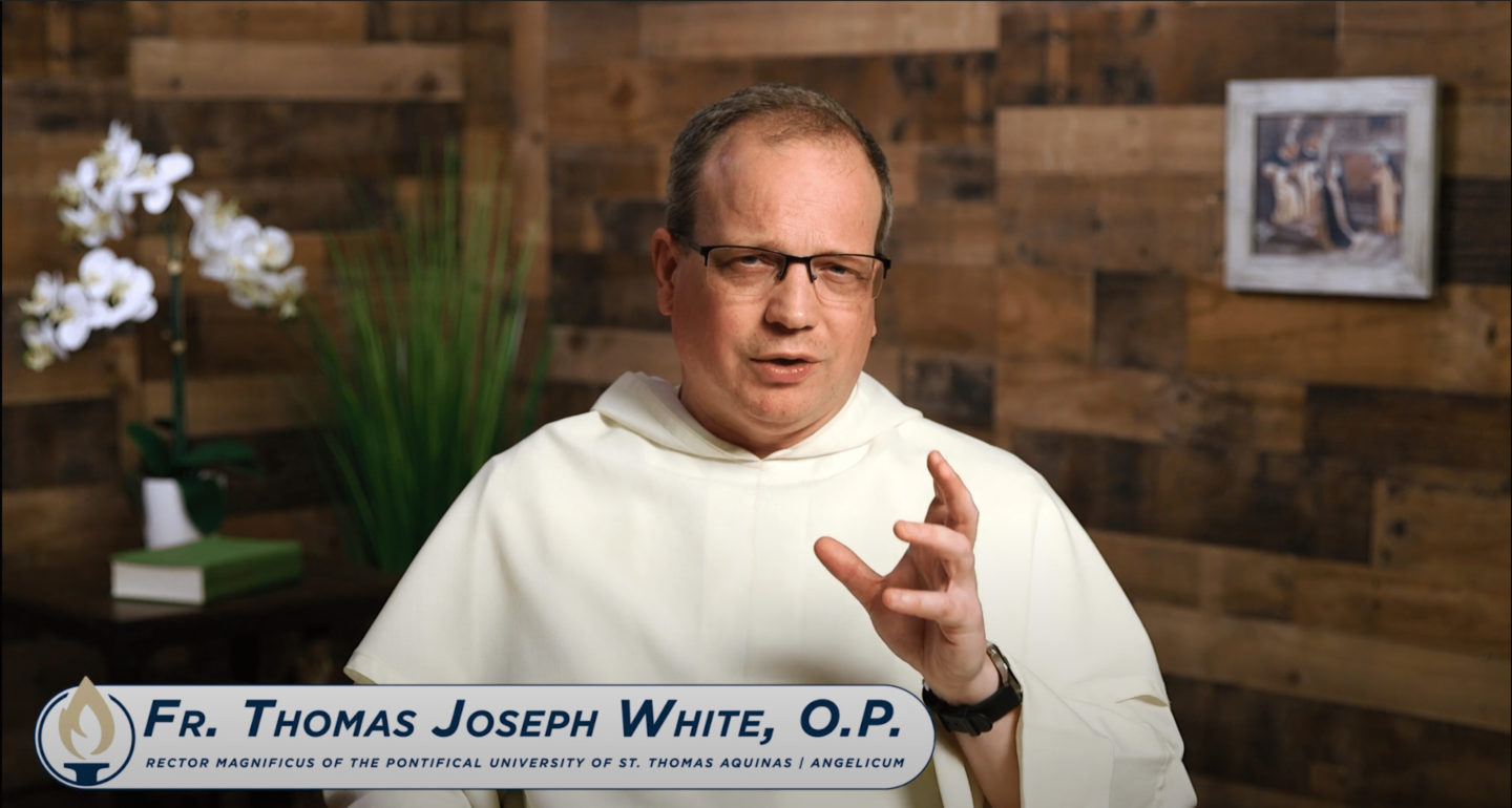 Father Thomas Joseph White, OP, a renowned Catholic preacher and theologian who teaches at the Angelicum, sits in a Catholic film studio with a warm, welcoming backdrop. The Dominican priest is teaching on the virtues from a Thomistic perspective and introducing Catholic families to divine friendship and life in Christ.