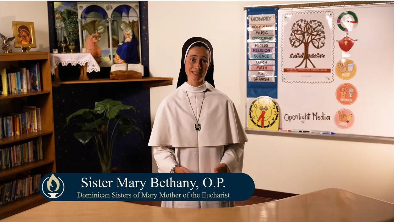 Sr mary bethany compressed A dominican Sister in a classroom with Education in Virtue materials speaking to a camera.