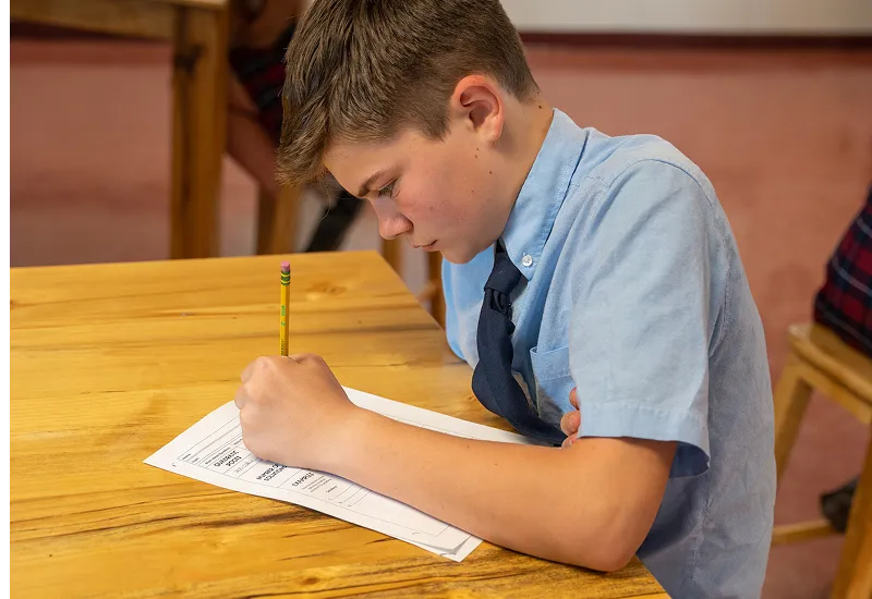 child-writing-in-classroom_compressed A Catholic schoolboy writes at a desk using a Catholic virtue worksheet from Openlight Media, which produces Catholic school curriculum and free homeschooling resources for Catholic parents.