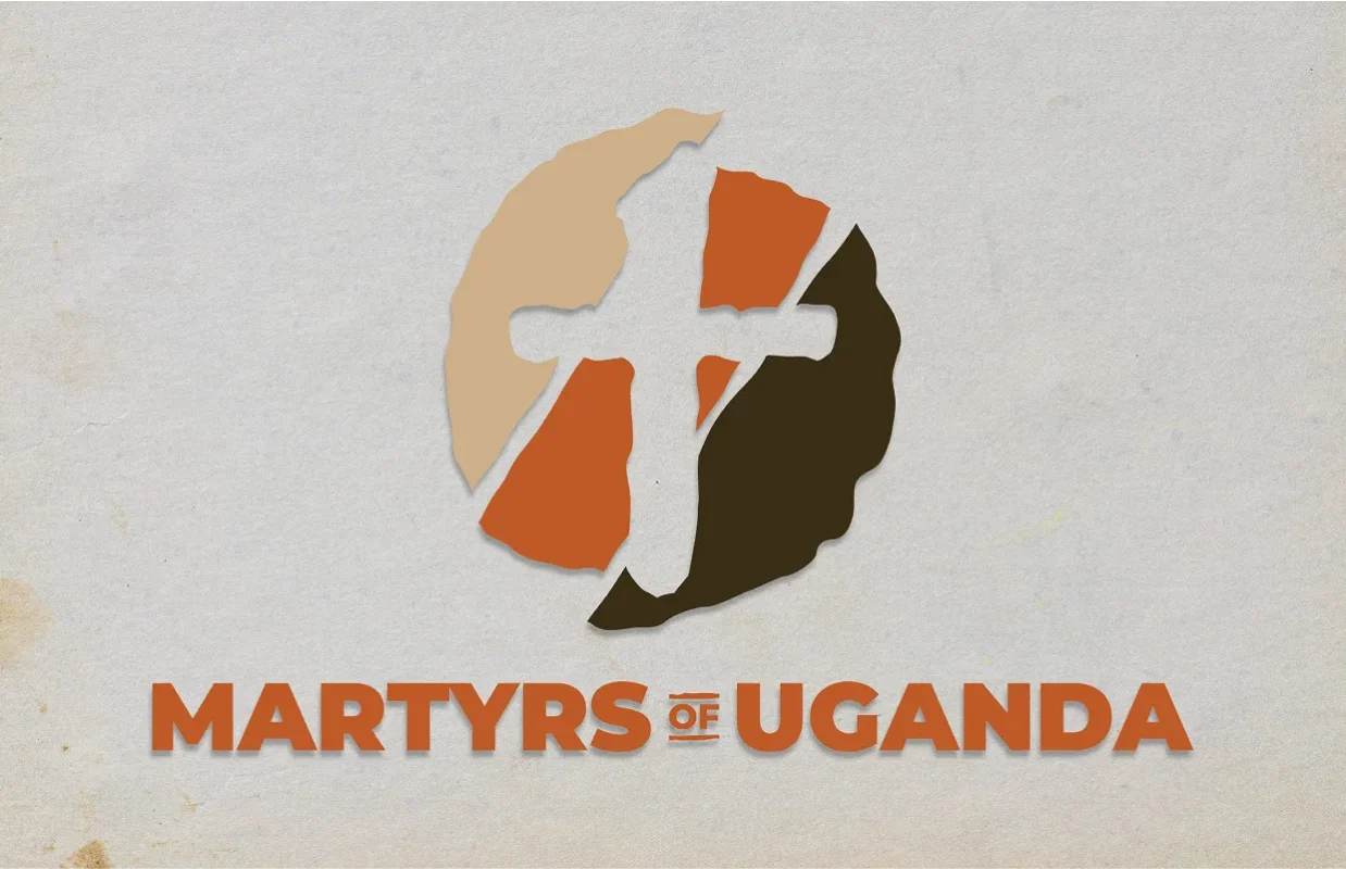 martyrs-of-uganda-logo_compressed-1238x800 An image with a tan background, a cross in the middle made out in the outline of three colors with the text Martyrs of Uganda underneath.
